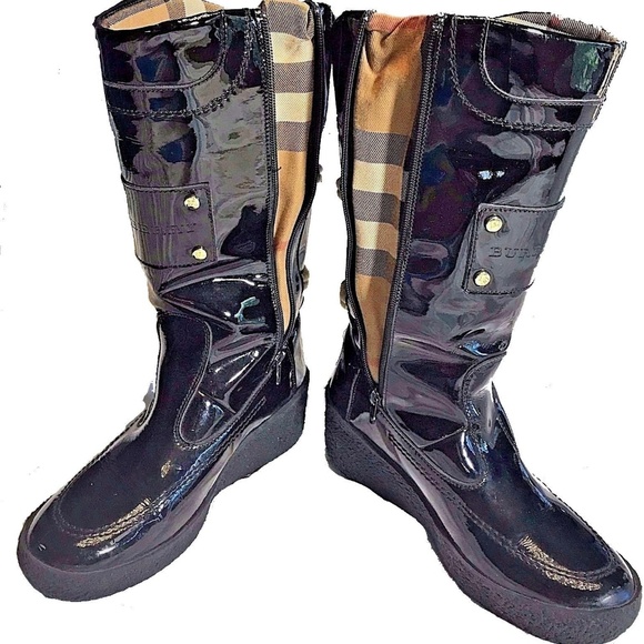 Burberry Black Patent Mid-Calf Rain Snow Boots - Picture 1 of 8